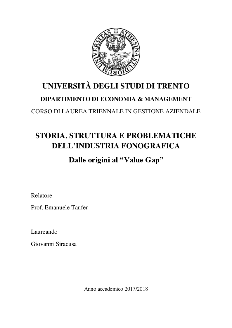 Anteprima della tesi: Storia, struttura e problematiche dell'industria fonografica - Dalle origini al “Value Gap”, Pagina 1