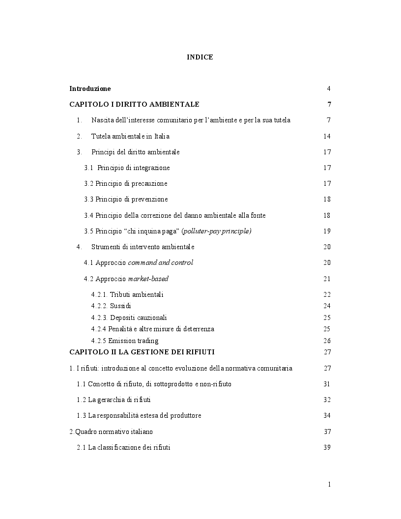 Indice della tesi: Tutela dell’ambiente e strumenti tributari per la gestione ottimale di rifiuti e imballaggi, Pagina 1