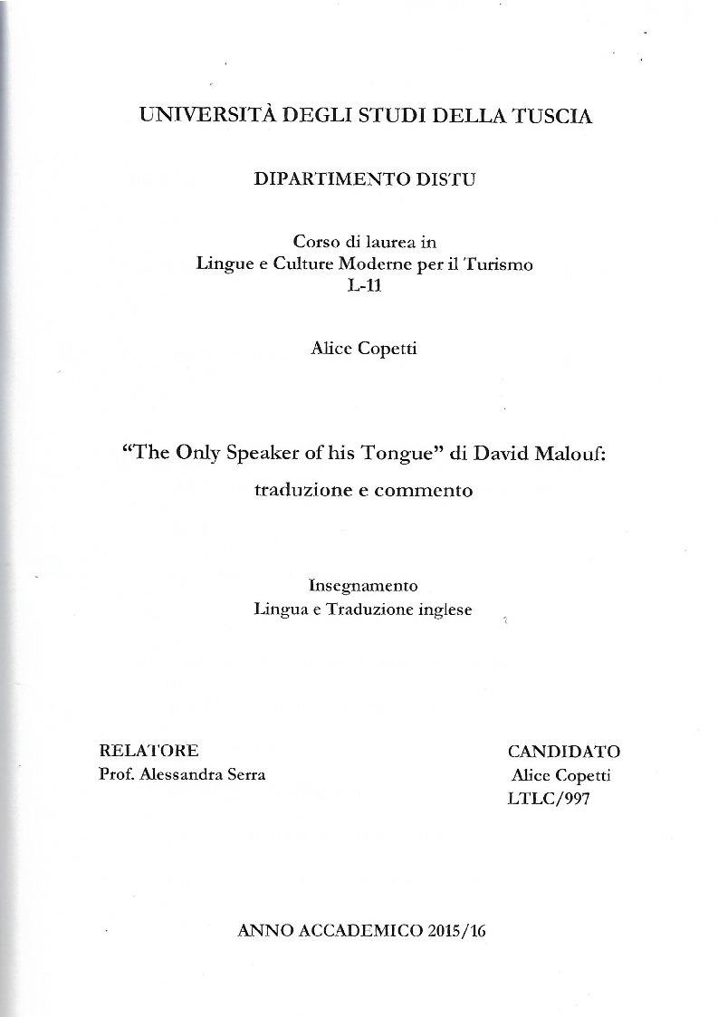 Anteprima della tesi: ''The only spreaker of his tongue'' di David Malouf: traduzione e commento., Pagina 1