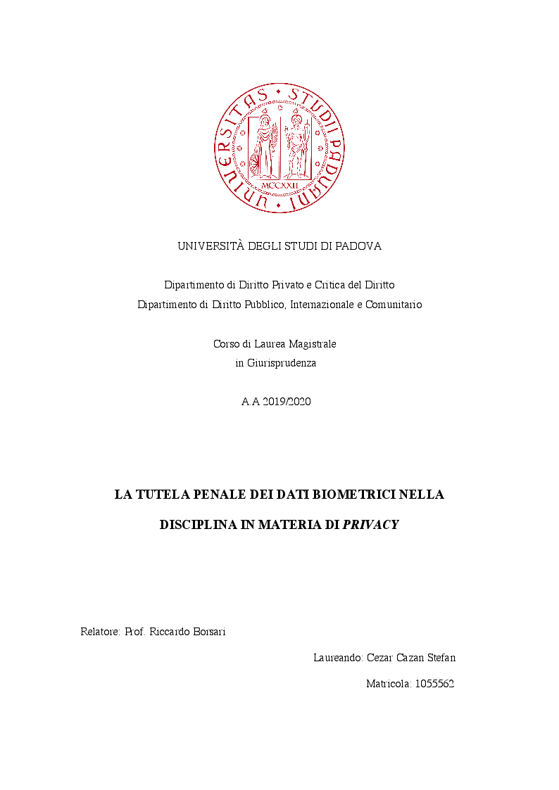 Anteprima della tesi: La tutela penale dei dati biometrici nella disciplina in materia di privacy, Pagina 1