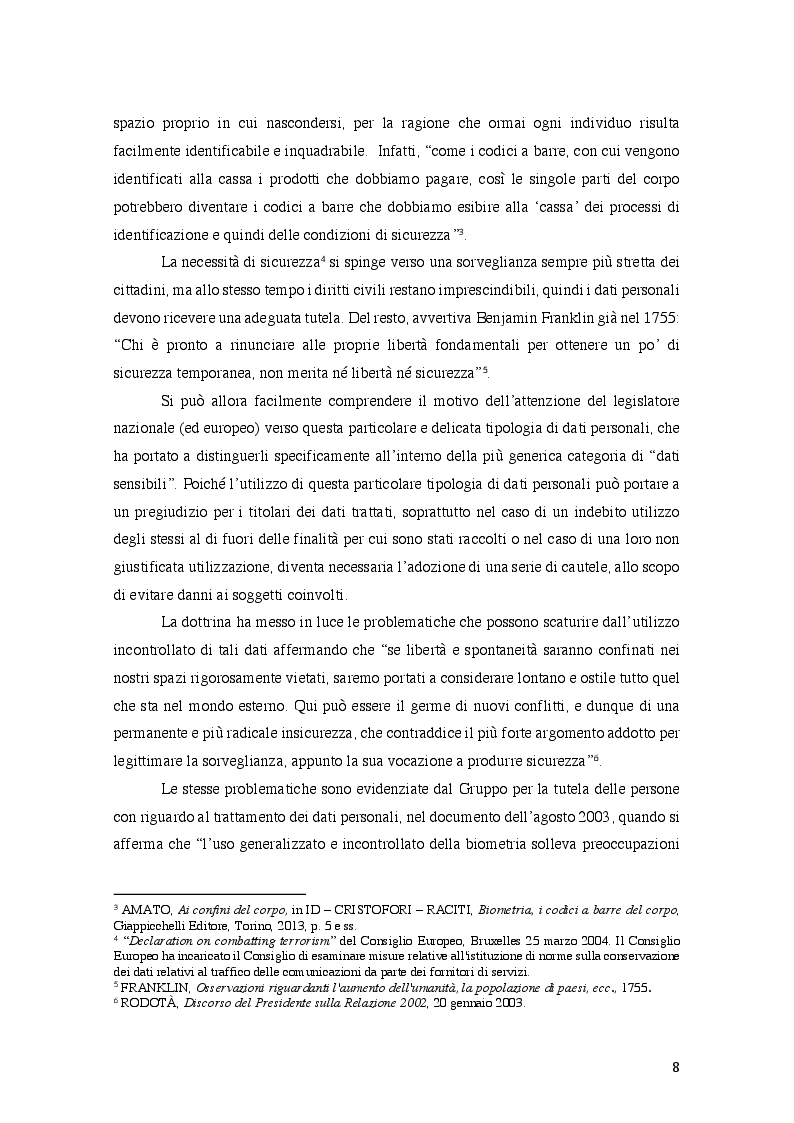 Anteprima della tesi: La tutela penale dei dati biometrici nella disciplina in materia di privacy, Pagina 3