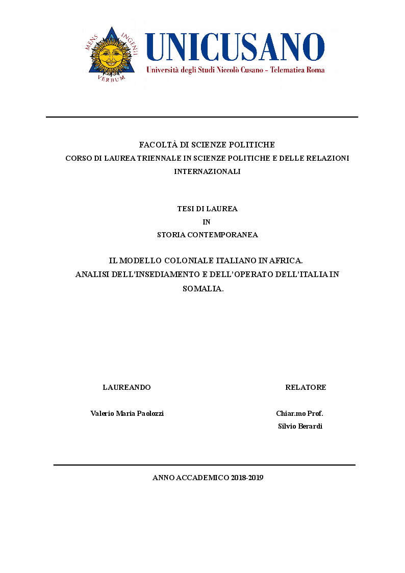 Anteprima della tesi: Il modello coloniale italiano in Africa. Analisi dell'insediamento e dell'operato dell'Italia in Somalia, Pagina 1
