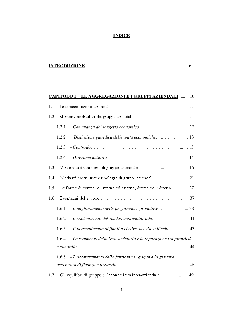 Indice della tesi: Nuovi strumenti per la governance delle aggregazioni aziendali. Il Contratto di rete, Pagina 1