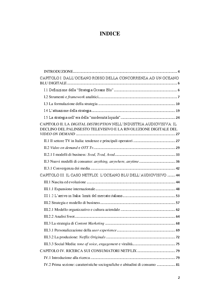 Indice della tesi: Strategia Oceano Blu 2.0: il caso Netflix, Pagina 1