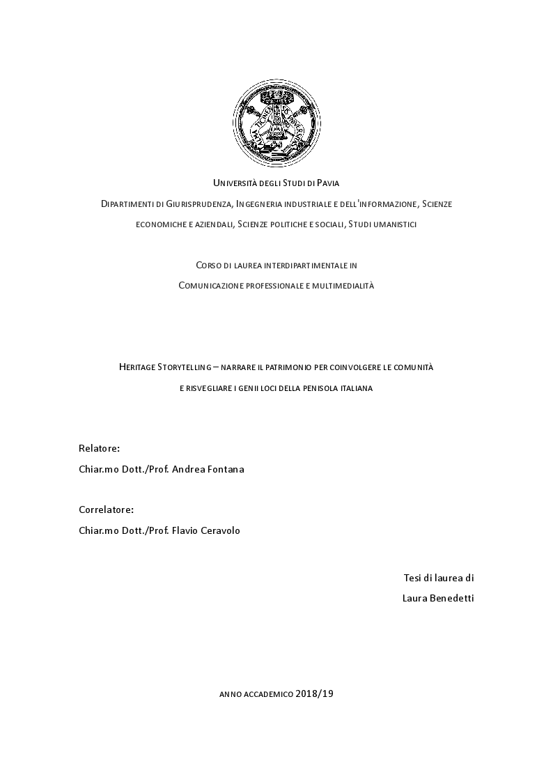 Anteprima della tesi: Heritage Storytelling – Narrare il patrimonio per coinvolgere le comunità e risvegliare i genii loci della penisola italiana, Pagina 1