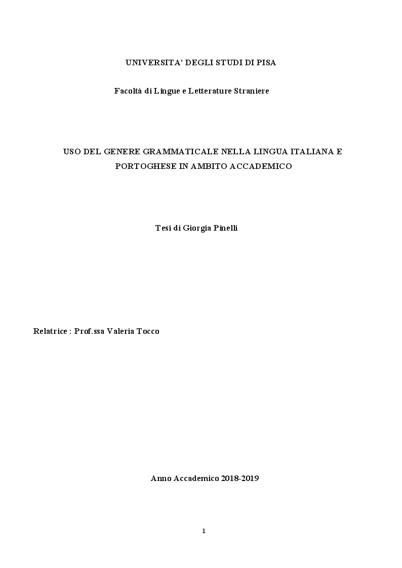 Anteprima della tesi: Uso del genere grammaticale nella lingua italiana e portoghese in ambito accademico, Pagina 1