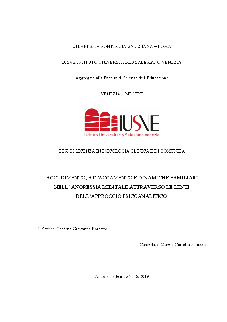 Anteprima della tesi: Accudimento, attaccamento e dinamiche familiari nell'anoressia nervosa, Pagina 1