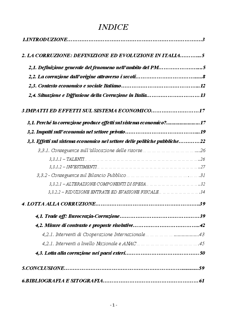 Indice della tesi: Il problema della corruzione nel sistema Economico Italiano, Pagina 1