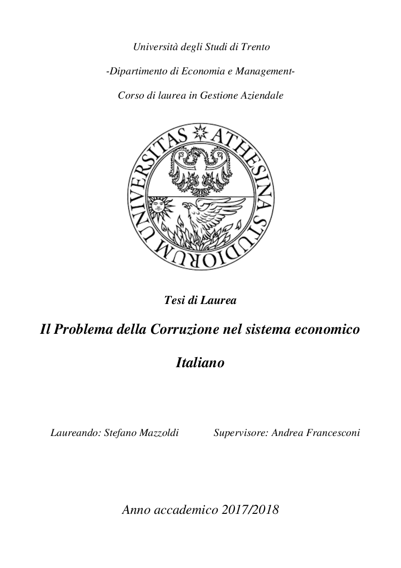 Anteprima della tesi: Il problema della corruzione nel sistema Economico Italiano, Pagina 1