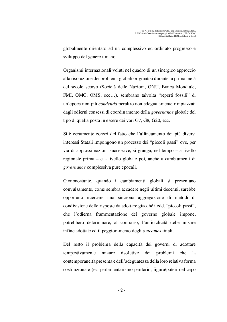 Anteprima della tesi: Il sistema di risposta ONU alle emergenze Umanitarie Complesse. L’Ufficio per il Coordinamento degli Affari Umanitari (Office for the Coordination of the Humanitarian Affairs, UN-OCHA), Pagina 3