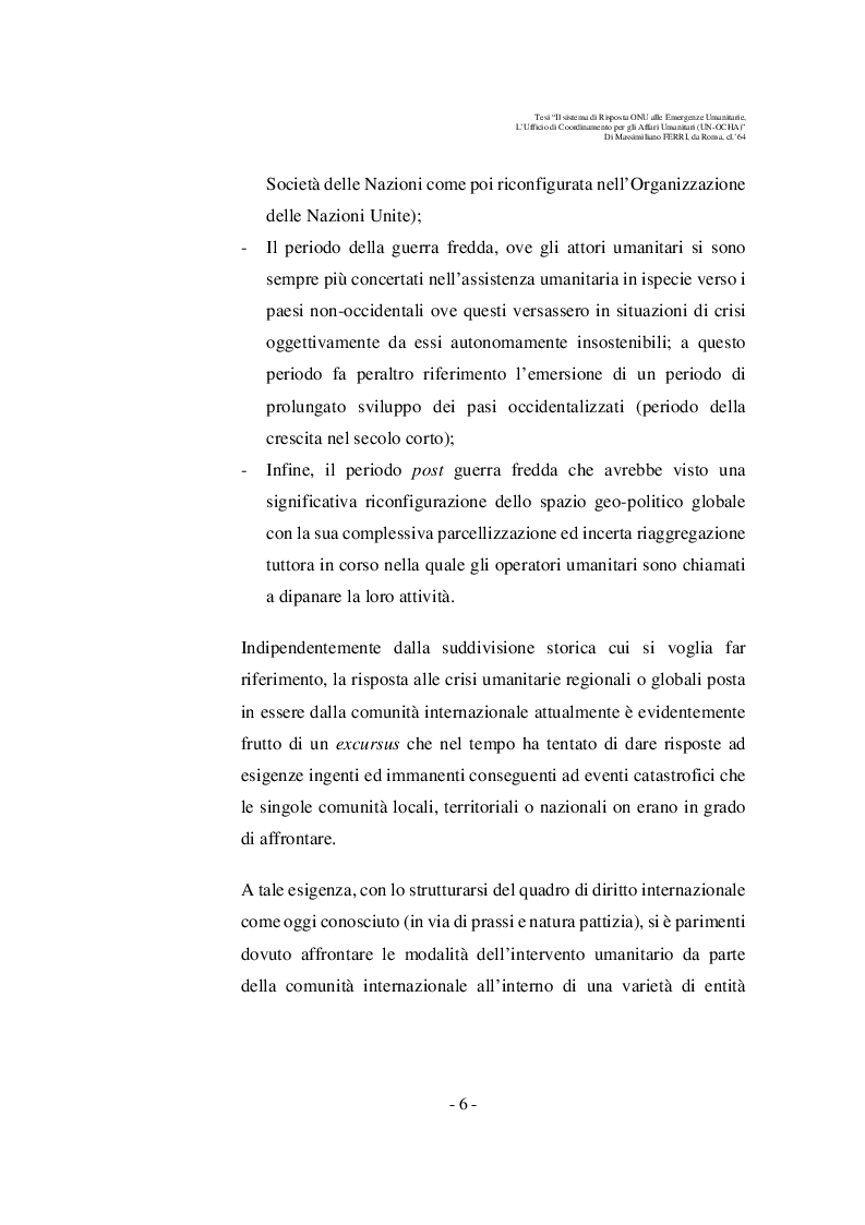 Anteprima della tesi: Il sistema di risposta ONU alle emergenze Umanitarie Complesse. L’Ufficio per il Coordinamento degli Affari Umanitari (Office for the Coordination of the Humanitarian Affairs, UN-OCHA), Pagina 7
