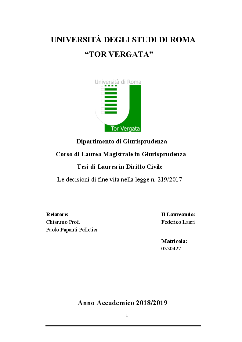 Anteprima della tesi: Le decisioni di fine vita nella legge n.219/2017, Pagina 1