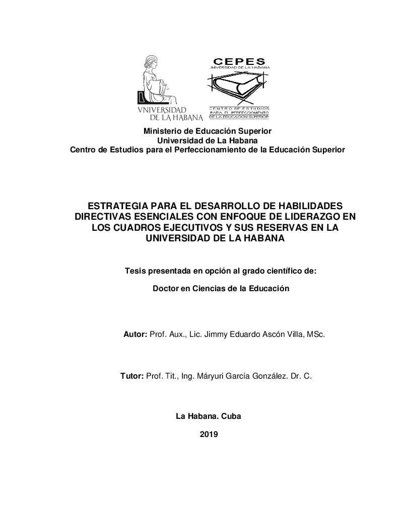 Anteprima della tesi: Estrategia para el desarrollo de habilidades directivas esenciales con enfoque de liderazgo en los cuadros ejecutivos y sus reservas en la Universidad de La Habana, Pagina 1