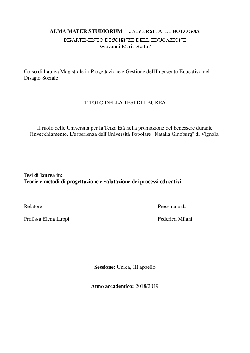 Anteprima della tesi: Il ruolo delle Università per la Terza Età nella promozione del benessere durante l'invecchiamento. L'esperienza dell'Università Popolare ''Natalia Ginzburg'' di Vignola., Pagina 1