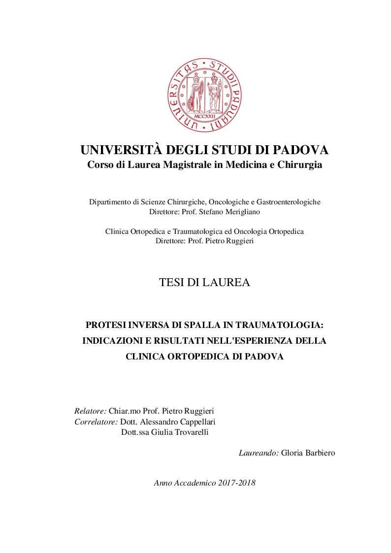Anteprima della tesi: Protesi inversa di spalla in traumatologia indicazioni e risultati nell'esperienza della clinica ortopedica di Padova, Pagina 1