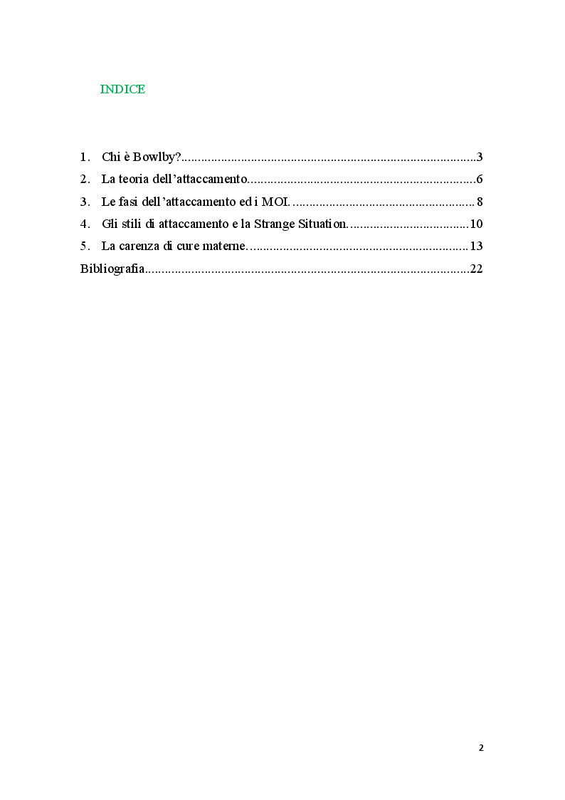 Indice della tesi: Bowlby: il legame di attaccamento e la carenza di cure affettive, Pagina 1