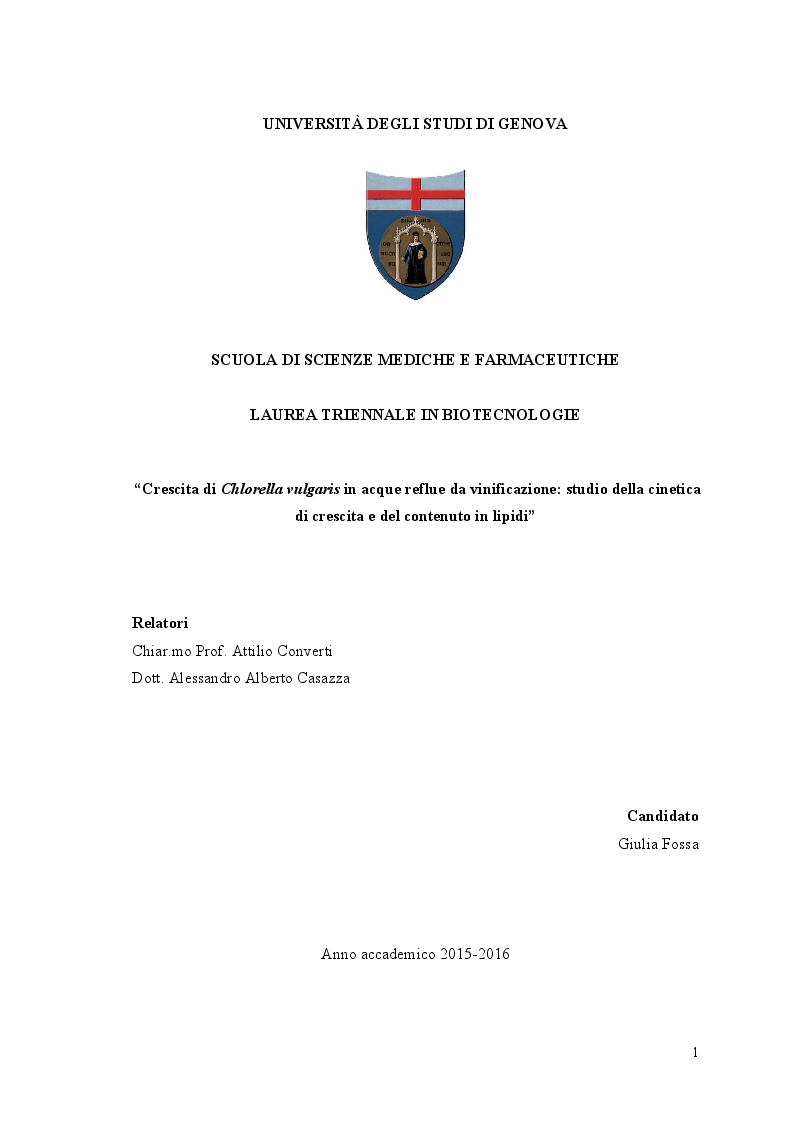 Anteprima della tesi: Crescita di Chlorella vulgaris in acque reflue da vinificazione: studio della cinetica di crescita e del contenuto in lipidi, Pagina 1