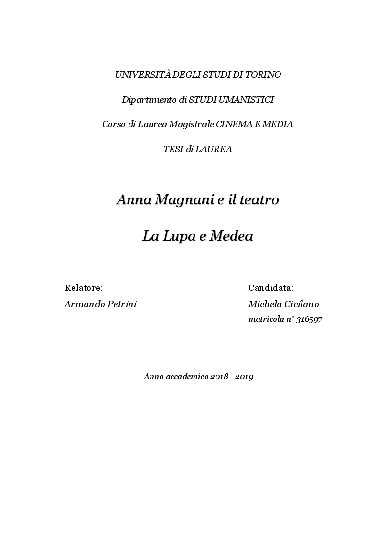 Anteprima della tesi: Anna Magnani e il teatro - La Lupa e Medea, Pagina 1