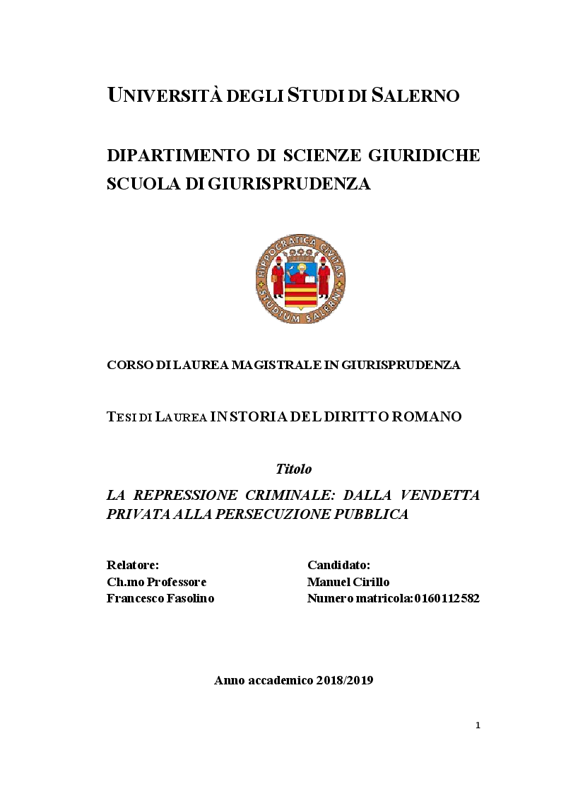 Anteprima della tesi: La repressione criminale: dalla vendetta privata alla persecuzione pubblica, Pagina 1