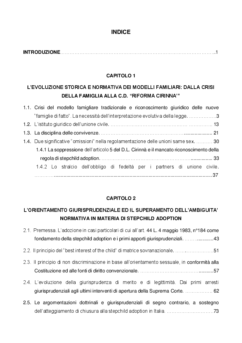 Indice della tesi: Stepchild adoption: lacune normative e ruolo dell'interprete, Pagina 1