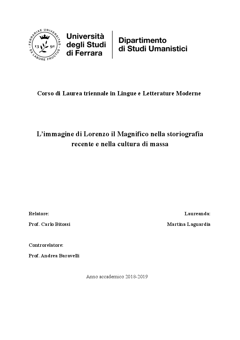 Anteprima della tesi: L'immagine di Lorenzo il Magnifico nella storiografia recente e nella cultura di massa, Pagina 1
