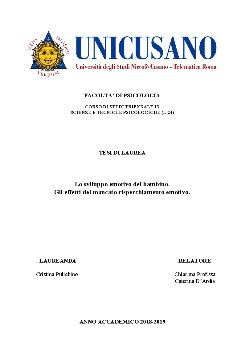 Anteprima della tesi: Lo sviluppo emotivo del bambino. Gli effetti del mancato rispecchiamento emotivo., Pagina 1