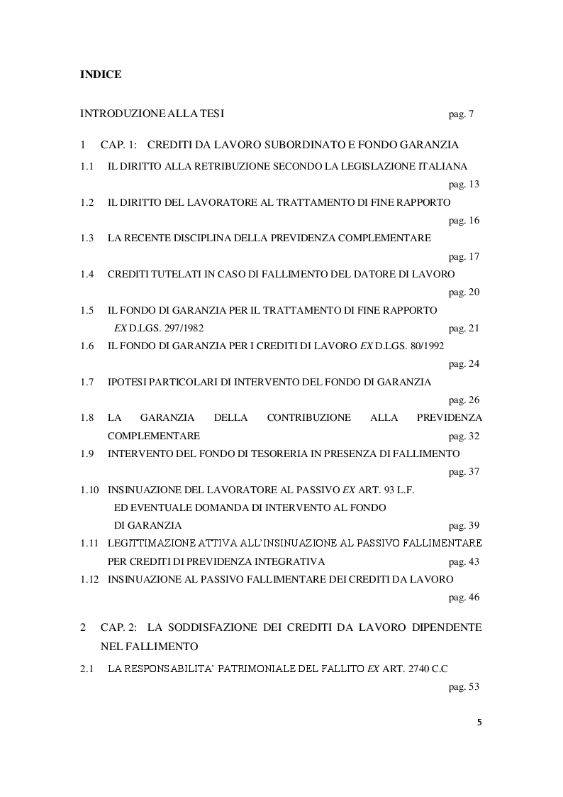 Indice della tesi: La particolare tutela di cui godono i crediti da lavoro subordinato nel fallimento, Pagina 1
