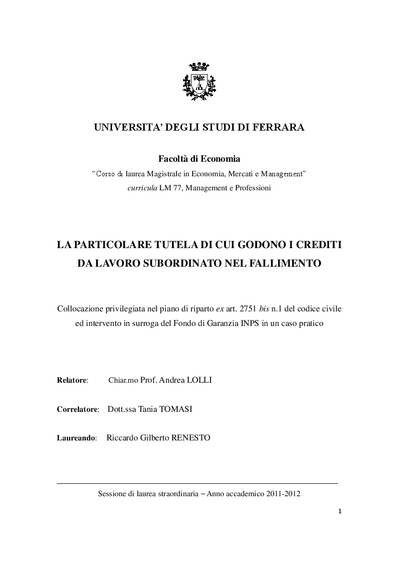 Anteprima della tesi: La particolare tutela di cui godono i crediti da lavoro subordinato nel fallimento, Pagina 1