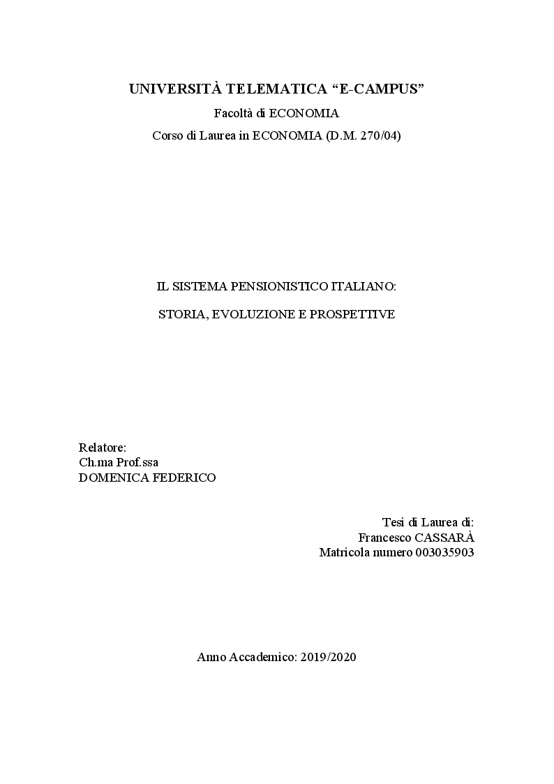 Anteprima della tesi: Il sistema pensionistico italiano: Storia, Evoluzione e Prospettive, Pagina 1