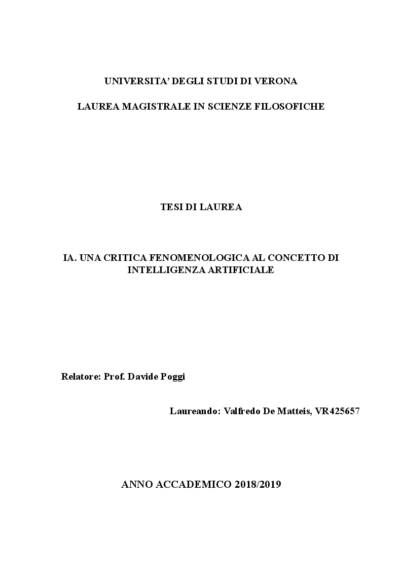 Anteprima della tesi: IA. Una critica fenomenologica al concetto di intelligenza artificiale, Pagina 1