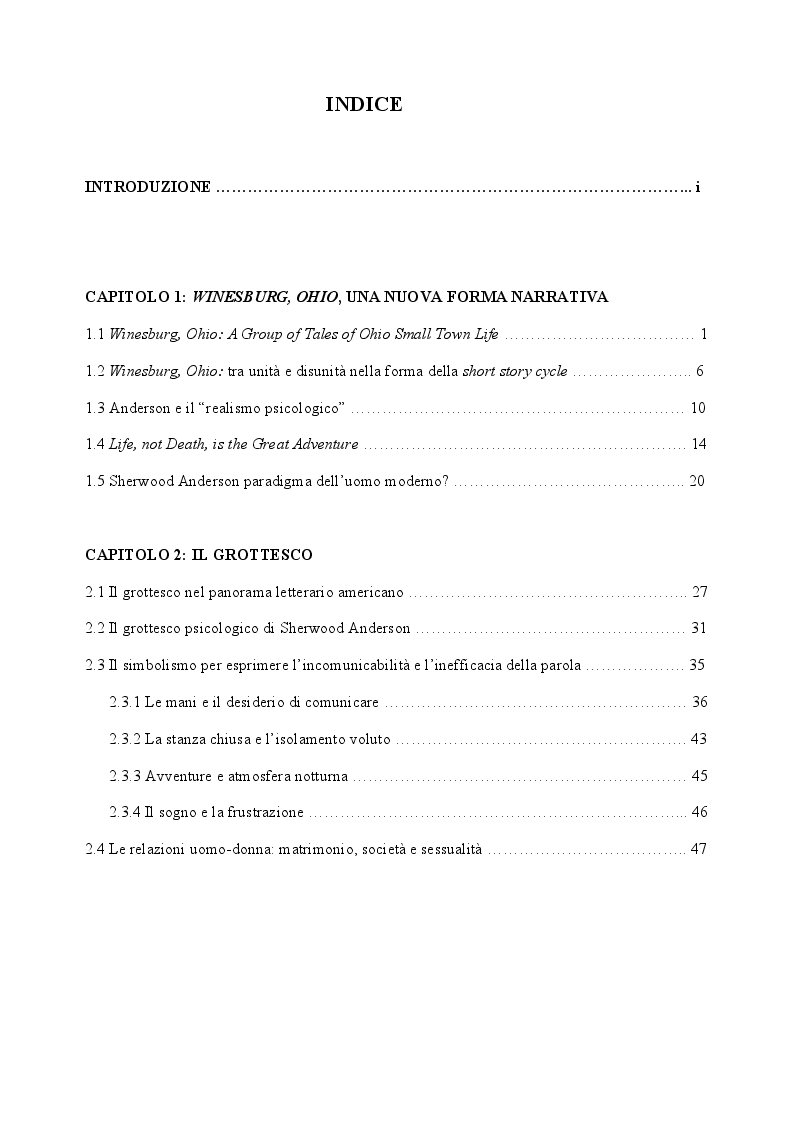 Indice della tesi: Sherwood Anderson: uno Storyteller moderno in ''Winesburg, Ohio'', Pagina 1