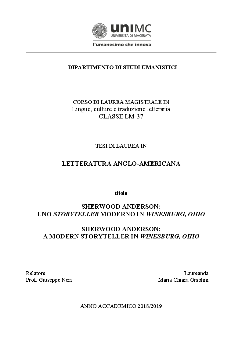 Anteprima della tesi: Sherwood Anderson: uno Storyteller moderno in ''Winesburg, Ohio'', Pagina 1