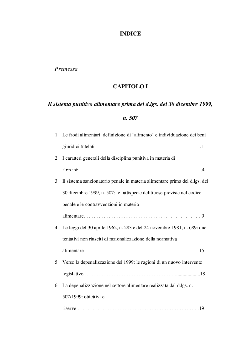 Indice della tesi: L'evento di pericolo nei reati alimentari, Pagina 1