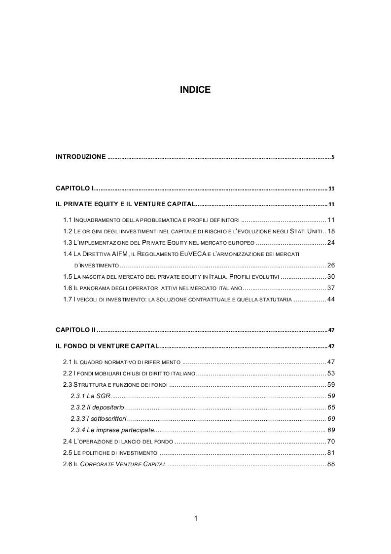 Indice della tesi: Profili giuridici del Venture Capital - Terms and Conditions di un contratto di investimento, Pagina 1