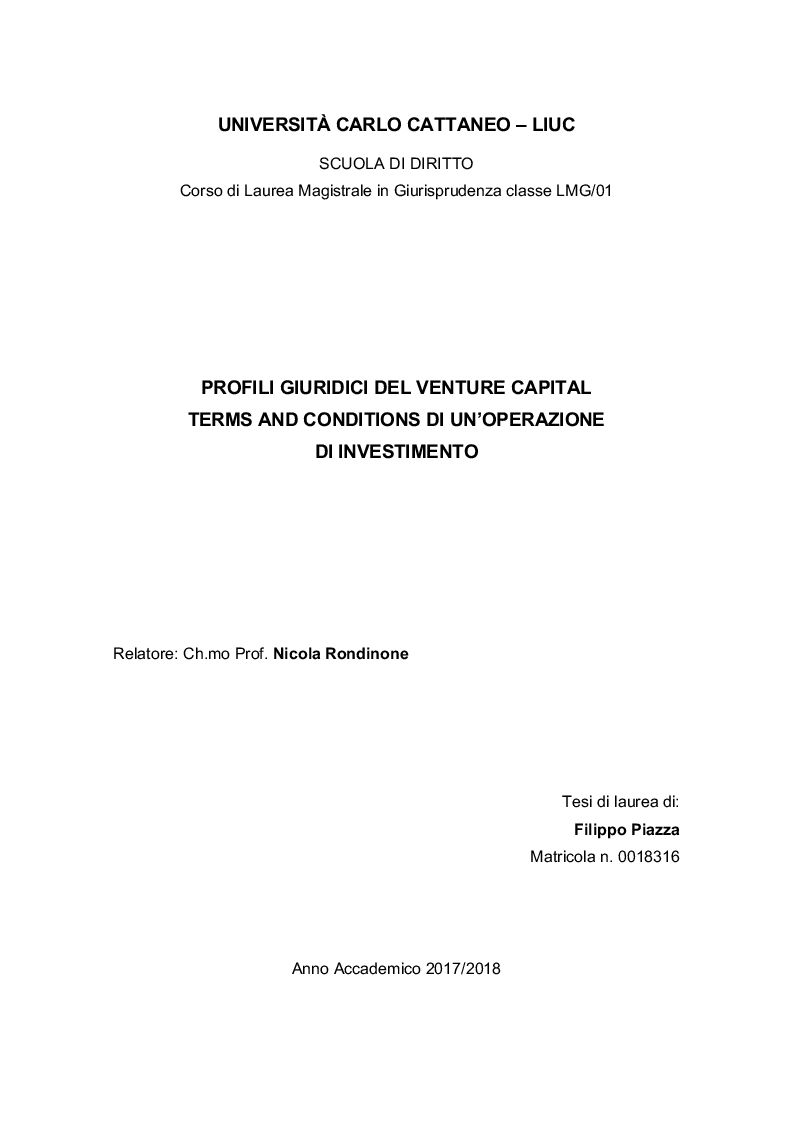 Anteprima della tesi: Profili giuridici del Venture Capital - Terms and Conditions di un contratto di investimento, Pagina 1