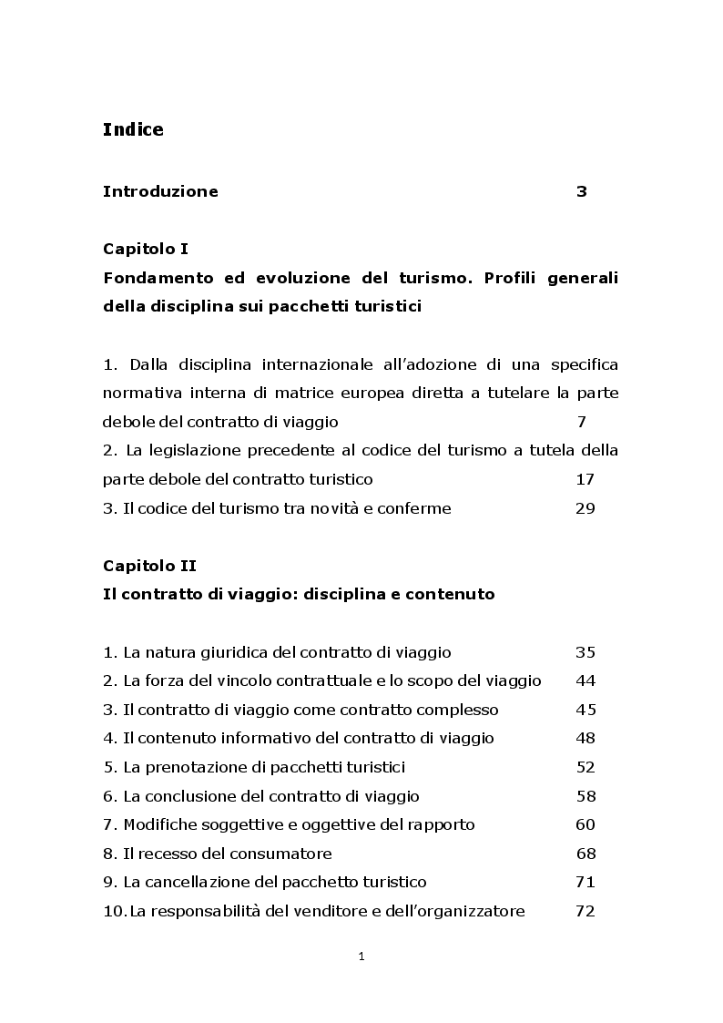 Indice della tesi: I contratti di turismo organizzato, Pagina 1