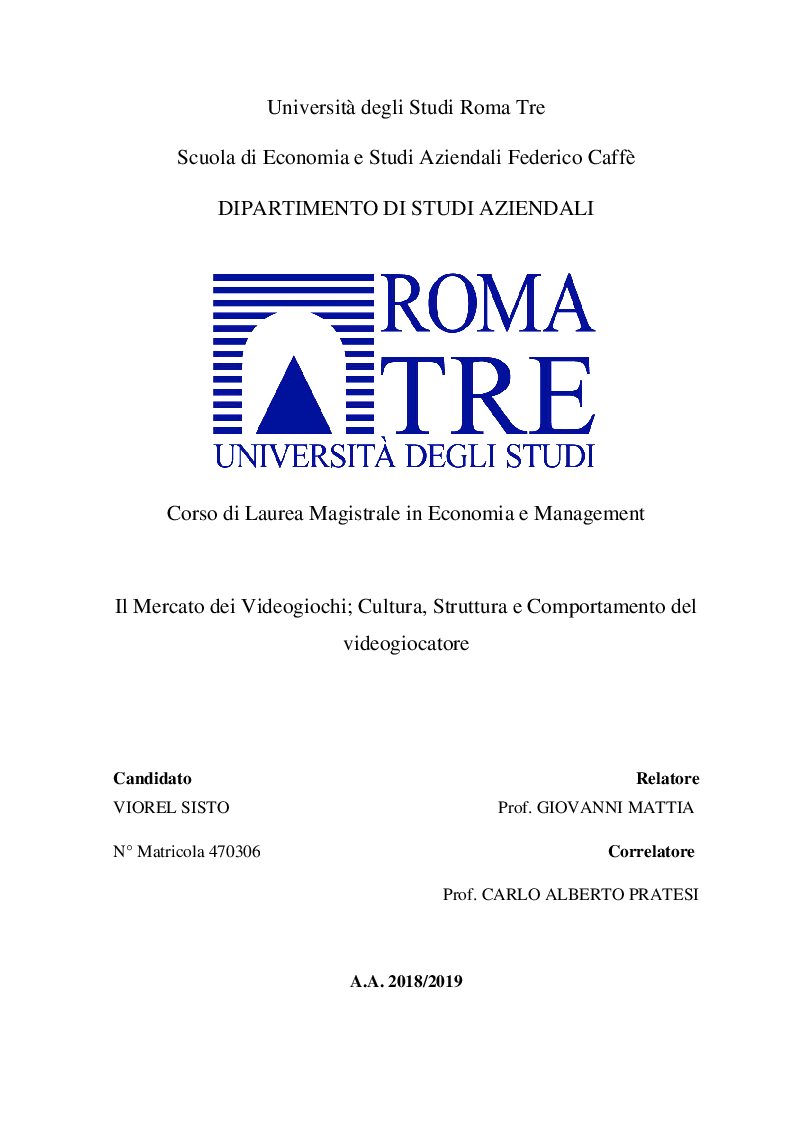 Anteprima della tesi: Il Mercato dei Videogiochi; Cultura, Struttura e Comportamento del videogiocatore, Pagina 1