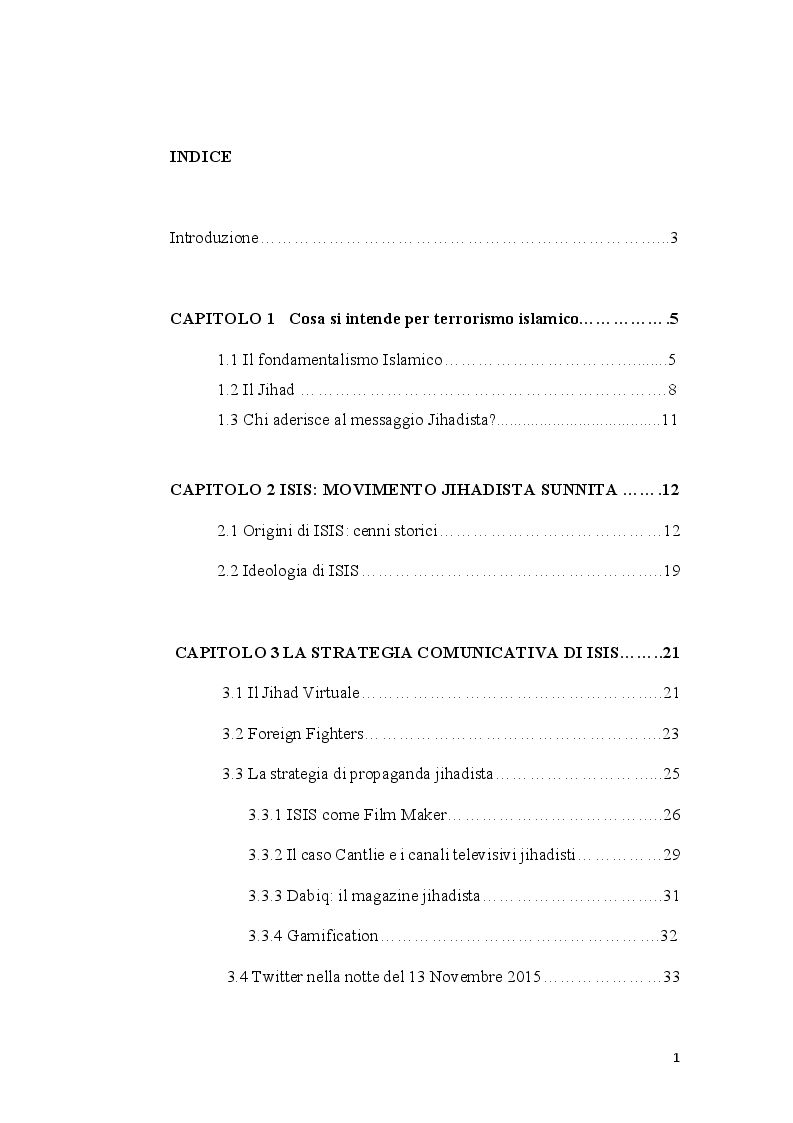 Indice della tesi: L'influenza dei social media sul terrorismo islamico. Caso ISIS, Pagina 1