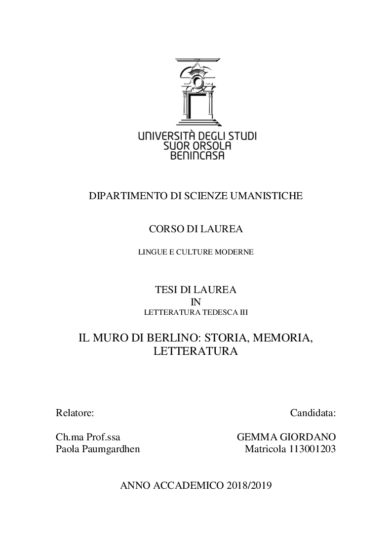 Anteprima della tesi: Il muro di Berlino: storia, memoria, letteratura, Pagina 1