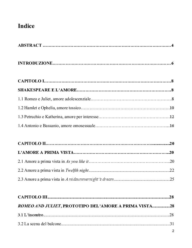 Indice della tesi: “Whoever loved that loved not at first sight?” William Shakespeare e l’amore a prima vista, Pagina 1