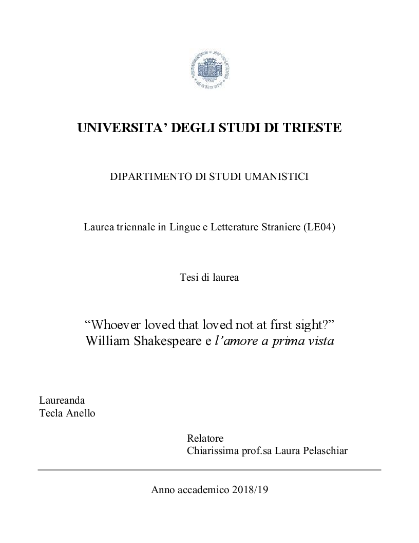 Anteprima della tesi: “Whoever loved that loved not at first sight?” William Shakespeare e l’amore a prima vista, Pagina 1