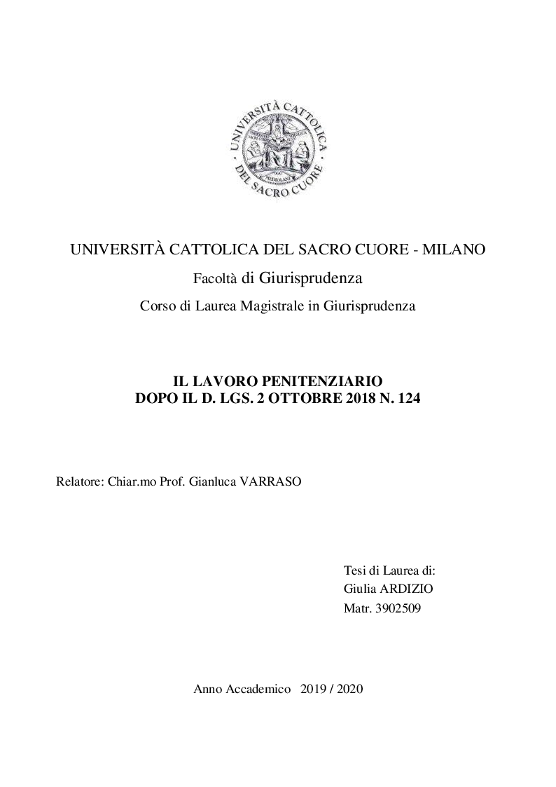 Anteprima della tesi: Il lavoro penitenziario dopo il D. Lgs. n. 124 del 2018, Pagina 1