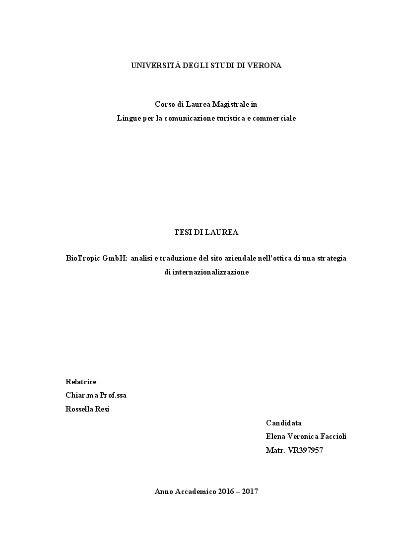 Anteprima della tesi: BioTropic GmbH e il mercato italiano: traduzione del sito aziendale nella strategia di internazionalizzazione, Pagina 1