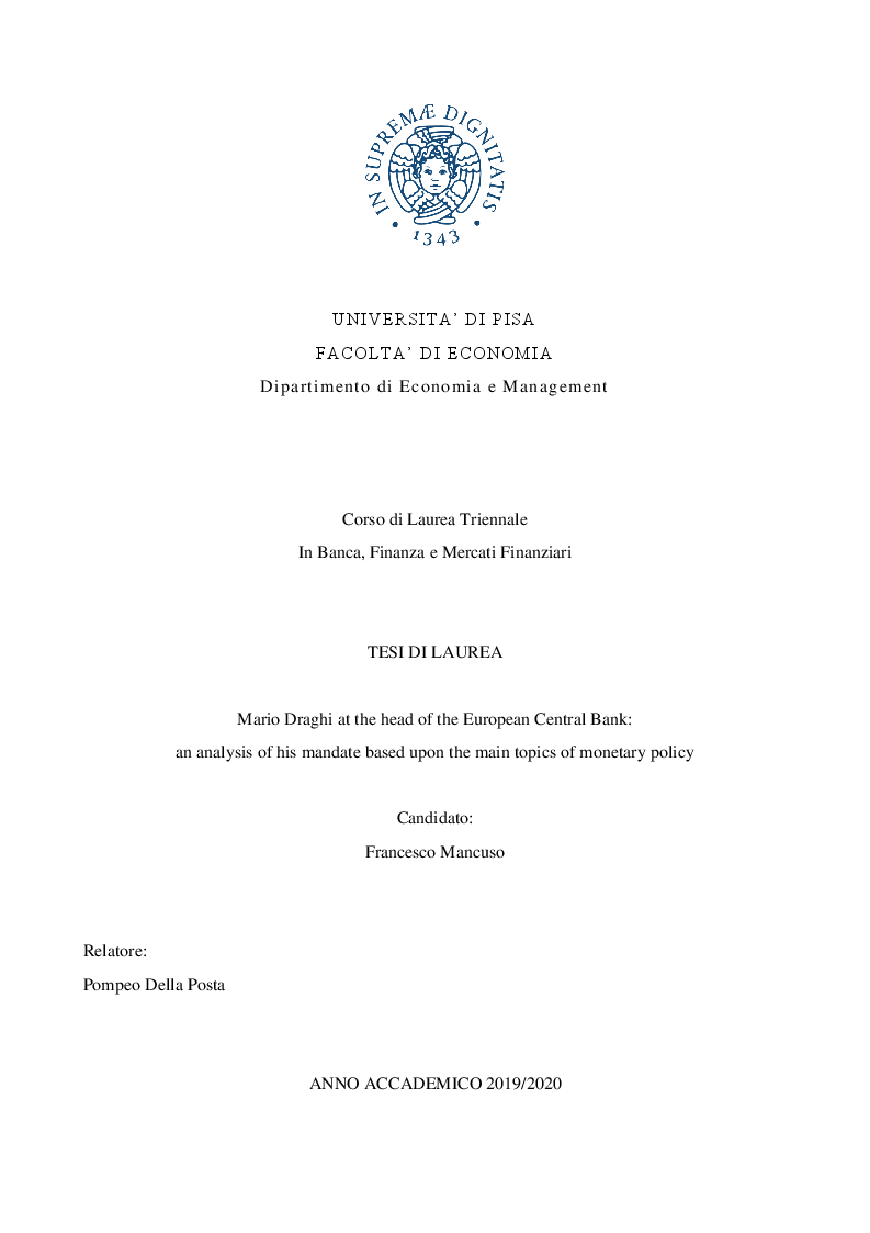 Anteprima della tesi: Mario Draghi at the head of European Central Bank: an analysis of his mandate based upon the main topics of monetary policy, Pagina 1