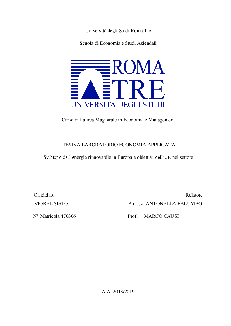 Anteprima della tesi: Sviluppo dell’energia rinnovabile in Europa e obiettivi dell’UE nel settore, Pagina 1