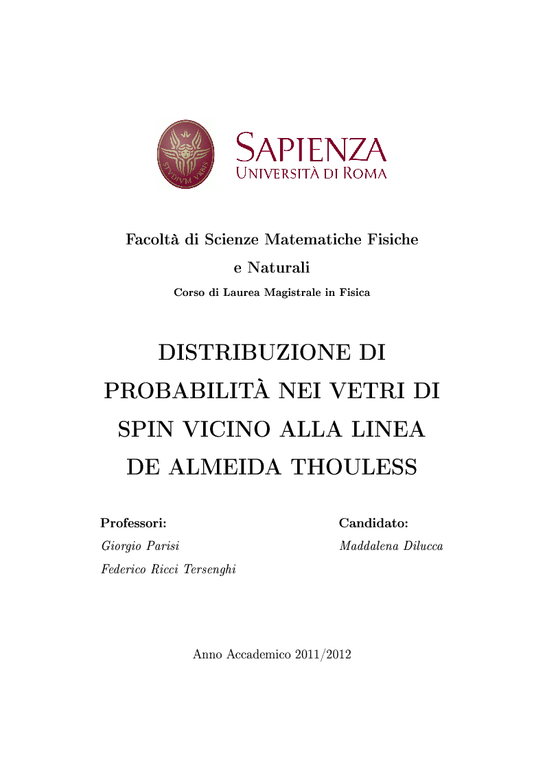 Anteprima della tesi: Distribuzione di probabilità nei vetri di spin vicino alla linea De Almeida Thouless, Pagina 1