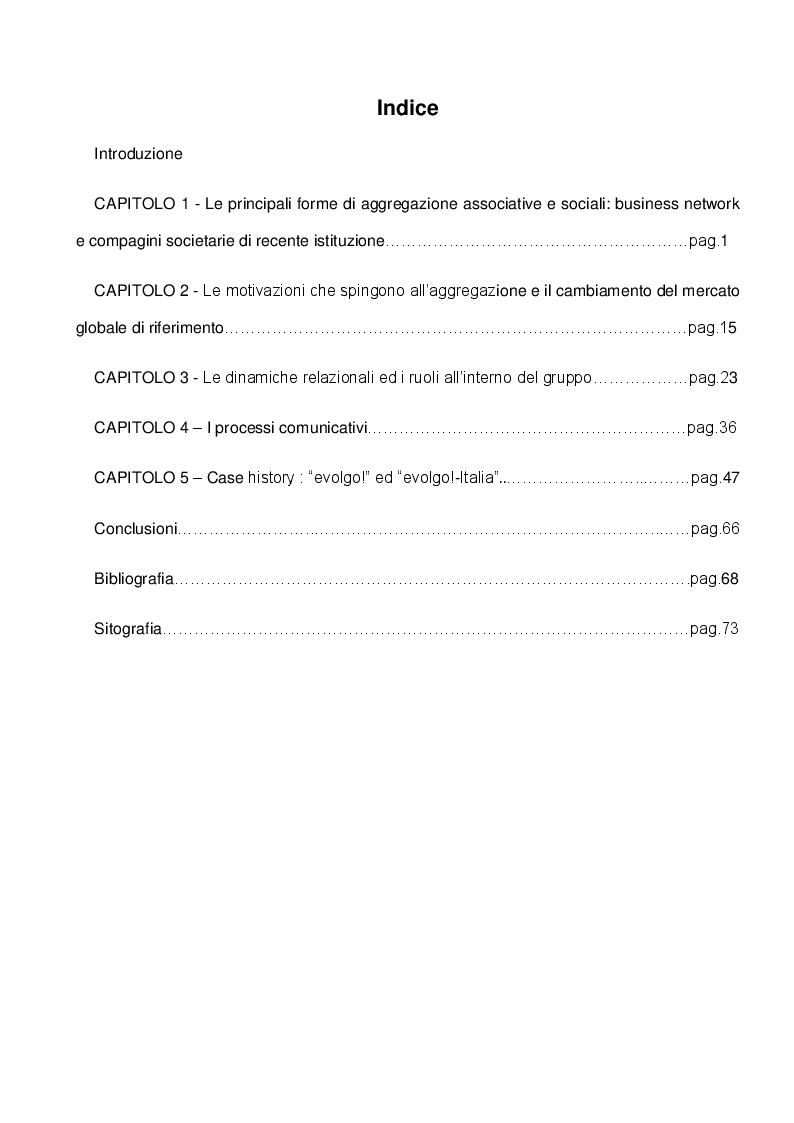 Indice della tesi: Dinamiche relazionali e processi comunicativi nei gruppi di aggregazione con particolare riferimento ai business network e alle reti imprenditoriali, Pagina 1