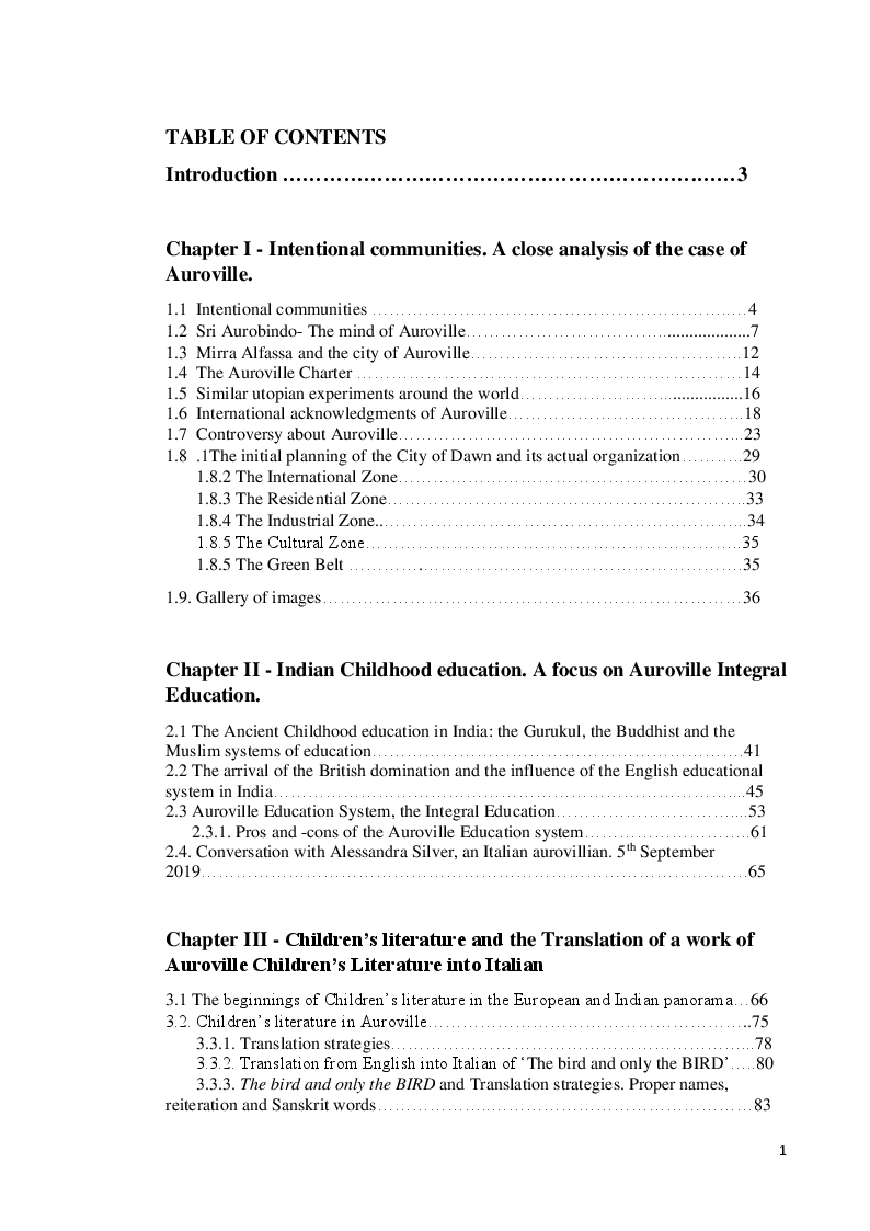 Indice della tesi: Auroville the city of Humana unity. Translating children's literature in a context of a multicultural community, Pagina 1