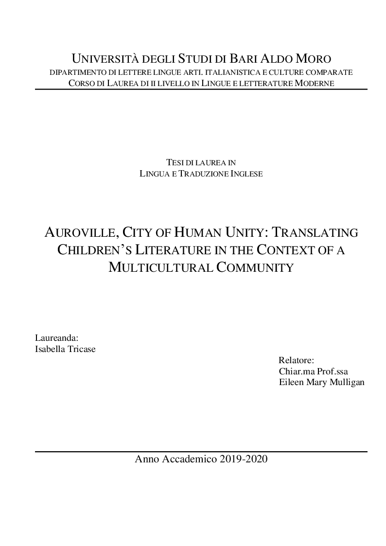 Anteprima della tesi: Auroville the city of Humana unity. Translating children's literature in a context of a multicultural community, Pagina 1