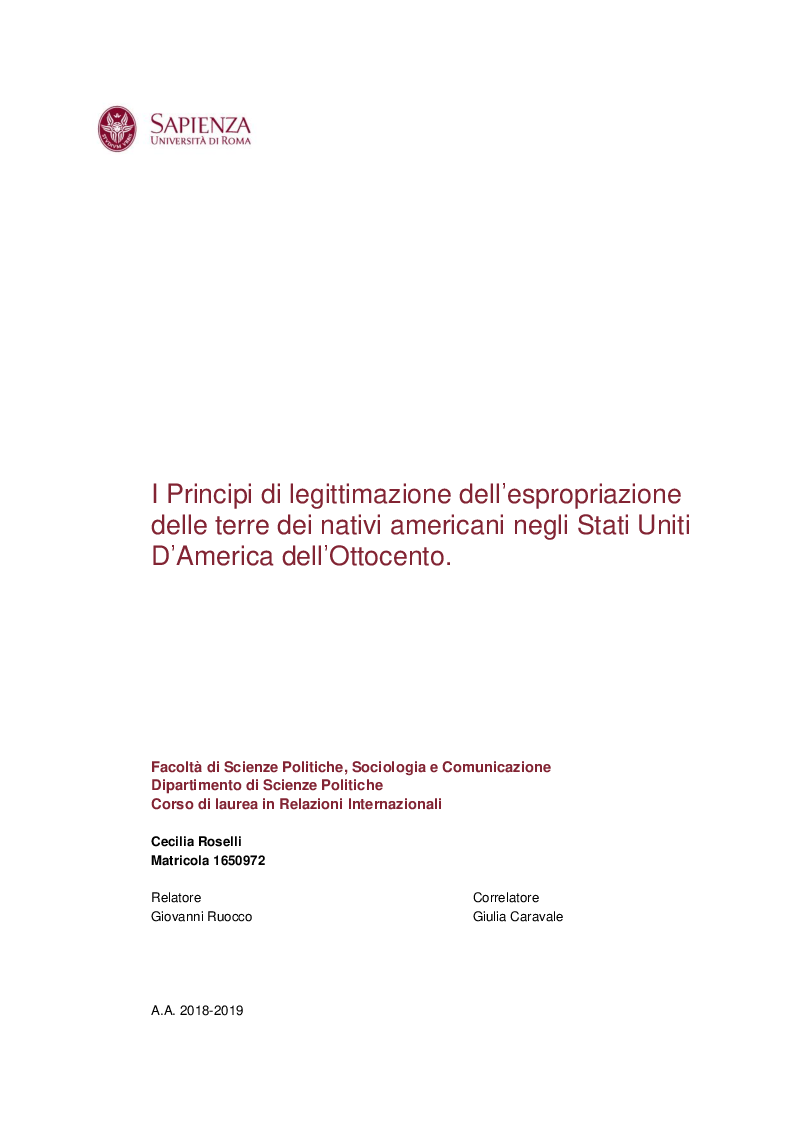 Anteprima della tesi: I Principi di legittimazione dell'espropriazione delle terre dei nativi americani negli Stati Uniti d'America dell'Ottocento., Pagina 1